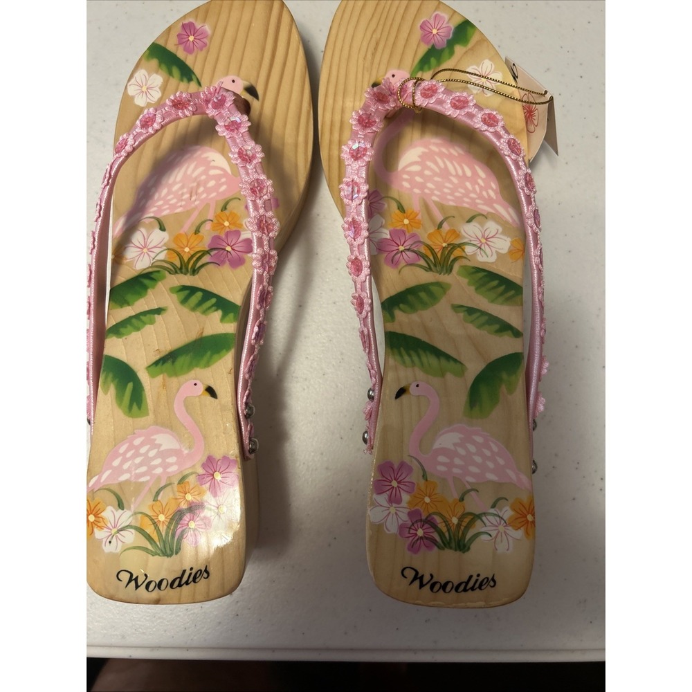 Woodies Pink Floral Flamingo Wedge Platform Woman's Sandals Size 7 NWT